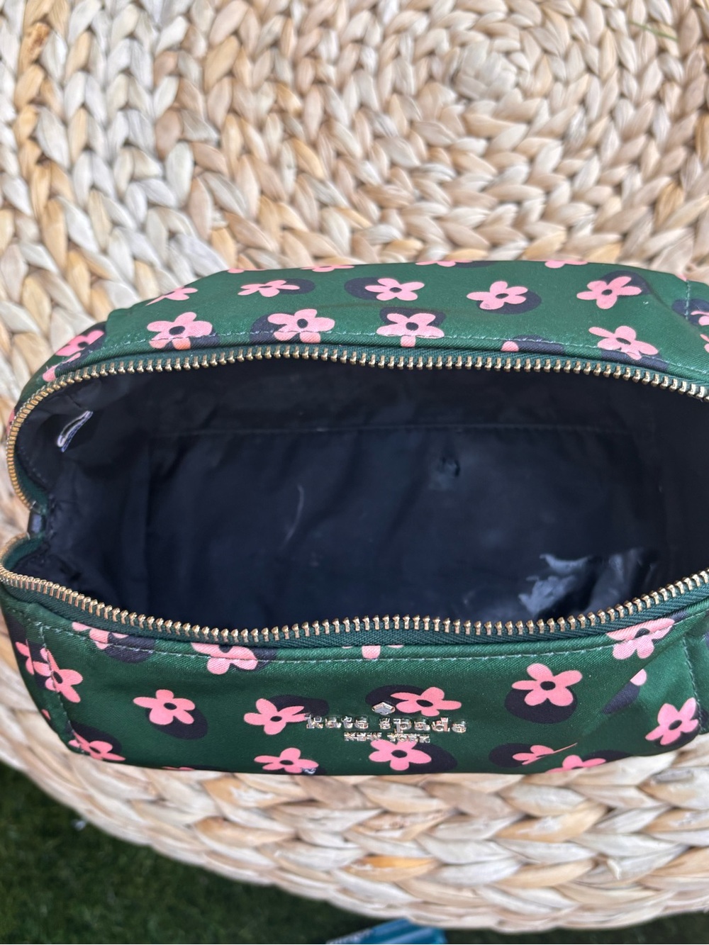 kate spade dark green cosmetic pouch with pink floral print - Picture 7 of 10